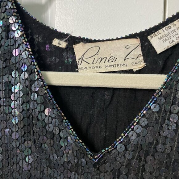 Vintage Rina Z Top Womens L Sequin Beaded V-neck Cap Sleeve 80s Silk Blouse - Picture 5 of 8